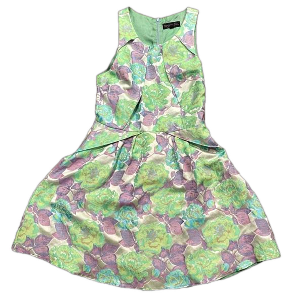 Topshop Tall US 10 Green Floral Jacquard Fit & Flare Cocktail Dress - Picture 3 of 9